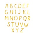 Gold glitter shiny vector alphabet. Hand drawn golden letters A-Z isolated on white. Sans serif modern font. Latin uppercase Royalty Free Stock Photo