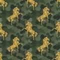 Gold glitter silhouette Unicorn on camouflage. Seamless pattern