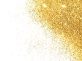 Gold glitter sparkles on white background. Beautiful abstract backdrop