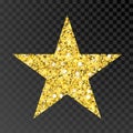 Gold glitter star. Golden sparcle star on black transparent background. Amber particles.