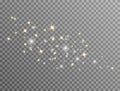 Gold glitter stars background. Golden light dust banner. Flying glowing confetti. Christmas luxury border. Holiday magic