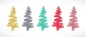 Gold glitter stylized Christmas tree hand drawn icons set. Vector Shiny textured Christmas, New year and winter sparkling golden,