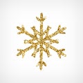 Gold glitter texture snowflake hand drawn icon on white background. Shiny Christmas, New year and winter sparkling golden snow Royalty Free Stock Photo