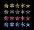 Gold glitter texture snowflake hand drawn icons set on black background. Vector Shiny Christmas, New year and winter sparkling Royalty Free Stock Photo
