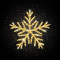 Gold glitter textured snowflake icon on black background. Vector Shiny Christmas, New year and winter sparkling golden hand drawn