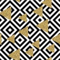 Gold glitter triangle confetti on geometric seamless pattern. Royalty Free Stock Photo