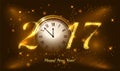 Gold glitter Vector 2017 Happy New Year background with gold clock. Golden Greeting Card with glitter gold letters Royalty Free Stock Photo