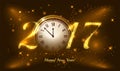 Gold glitter Vector 2017 Happy New Year background with gold clock. Golden Greeting Card with glitter gold letters Royalty Free Stock Photo