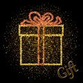 Gold glitter vector icon of gift box isolated on black background. Art creative concept illustration for web, glow light