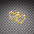 Gold glitter vector two hearts. Golden sparcle St. Valentines day card. Luxouy design element. Amber particles on Royalty Free Stock Photo