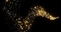 Gold glitter wave trail, glittering glister light golden shooting star with shiny sparks particles and bokeh glisten on black Royalty Free Stock Photo