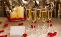 Gold glitter Wedding reception setting with champagne Royalty Free Stock Photo