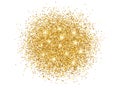 Gold glitter on white. Luxury placer with shining sparks. Rich banner template for advertising. Glamour greeting card or