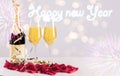 New Year's Eve party with champagne with rose petals against a blurred background