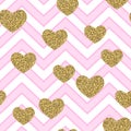 Gold glittering confetti hearts on geometric seamless pattern.