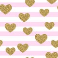 Gold glittering confetti hearts on geometric seamless pattern.