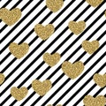 Gold glittering confetti hearts on geometric seamless pattern.