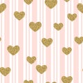 Gold glittering confetti hearts on stripes seamless pattern.