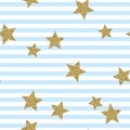 Gold glittering confetti stars on stripes seamless pattern.