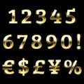 Gold glittering font set currency, numbers and special symbols. Royalty Free Stock Photo