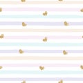 Gold glittering heart seamless pattern on childish pastel striped brush strokes background