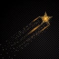 Gold glittering spiral star dust trail sparkling particles on transparent background.