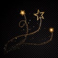 Gold glittering spiral star dust trail sparkling particles on transparent background. Space comet tail. Vector glamour