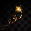 Gold glittering spiral star dust trail sparkling particles on transparent background.