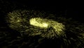 Gold glittering spiral trail of sparkling dust particles on black background. Twisted magic comet tail. Golden twirl spinning flyi