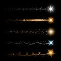 Gold glittering star dust trail sparkling particles on transparent background. Space comet tail. Vector glamour fashion