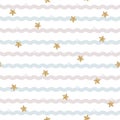 Gold glittering star on pastel wavy line background seamless patterns Royalty Free Stock Photo