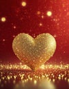 Gold glittery heart greeting card background for Valentines Day on red and shiny bokeh lights