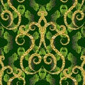 Gold glittery vintage 3d vector seamless pattern. Dark green ornamental floral background. Baroque style leafy repeat backdrop.