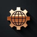 Gold Globe of the Earth and gear or cog icon isolated on black background. Setting parameters. Global Options. Long