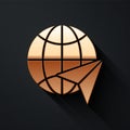 Gold Globe with flying plane icon isolated on black background. Airplane fly around the planet earth. Aircraft world Royalty Free Stock Photo