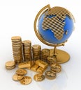 Gold globe and gold coins Royalty Free Stock Photo