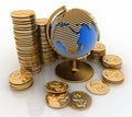 Gold globe with many gold coins Royalty Free Stock Photo