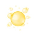 Gold glossy bubbles on white background. Collagen droplets, keratin, serum, jojoba cosmetic oil, vitamin A or E, omega