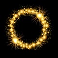 Gold glow glitter circle frame with stars on black background.