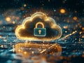 Gold glowing cloud with embedded lock and radiant orange light surrounding a digital network, symbolizing secure systems, data