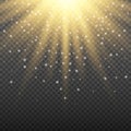 Gold glowing light burst explosion on transparent background. Bright flare effect decoration with ray sparkles Royalty Free Stock Photo