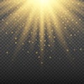 Gold glowing light burst explosion on transparent background. Bright flare effect decoration with ray sparkles