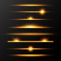 Gold glowing lines with stars set. Shining line set. Golden realistic lens flare set. Collection of light effects on transparent b