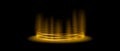 Gold glowing portal concept. Yellow neon hologram teleport on black background. Circle digital gate with aura and beams