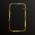 Gold glowing smartphone looking frame rectangular frame, light effect lines with flying abstract flash, glares Royalty Free Stock Photo
