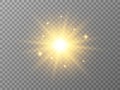 Gold glowing star with particles on transparent backdrop. Magic light effect with stardust. Bright yellow energy flash