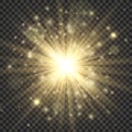 Gold glowing star. Stylish bright light effect, golden shiny luminous dust and glares, blurring starlight, magic sparkle