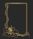 Gold glowing vintage frame with flower lily. Golden luxury realistic border.