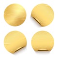 Gold glued round stickers with golden back side curling set. 3d circular shaped blank paper labels vector illustration