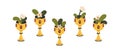 Gold goblet award with blooming flowers set. Floral plants, leaves in golden winner cup. Blossoming bouquets in mystic